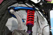 Cusco front upper control arm for 350Z installed with GReddy Type S coilover set